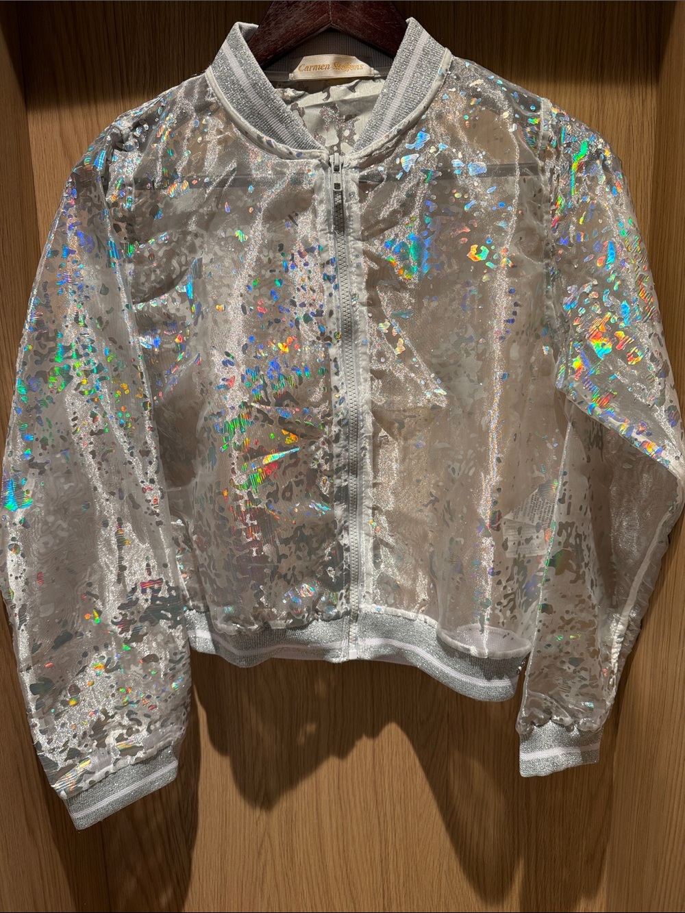 Kids Holographic Sheer Bomber Jacket - Silver